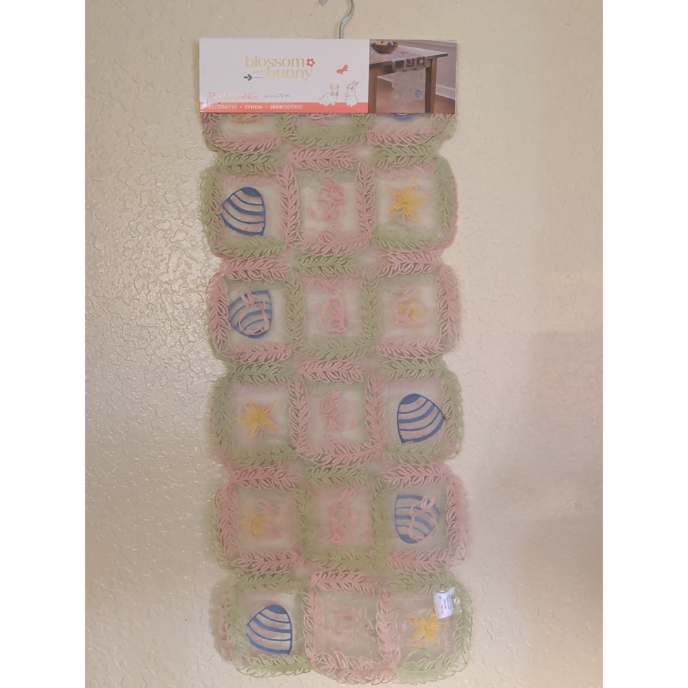 Blossom and Bunny 14x70 Sheer Mesh Table Runner Pastel Trellis Bunny Easter NEW